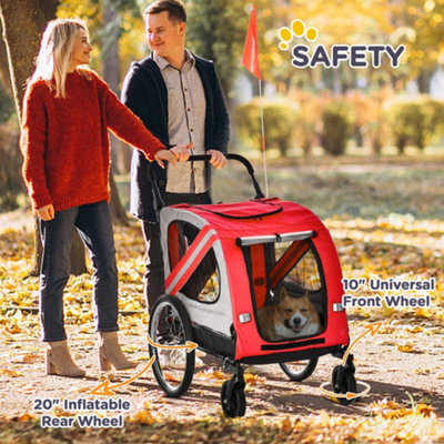 PawHut 2-In-1 Dog Bike Trailer Stroller w/ Universal Wheel Reflector Flag Red - 8