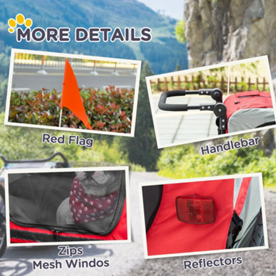 PawHut 2-In-1 Dog Bike Trailer Stroller w/ Universal Wheel Reflector Flag Red - 9