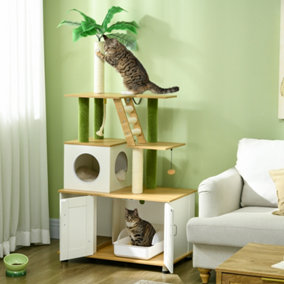 PawHut 2 in 1 Hidden Litter Box with Green Leaf Cat Tree, Indoor, Oak