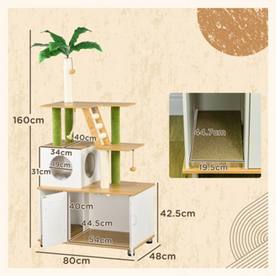 PawHut 2-in-1 Hidden Litter Box with Green Leaf Cat Tree, Indoor - Oak