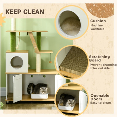 PawHut 2-in-1 Hidden Litter Box with Green Leaf Cat Tree, Indoor - Oak