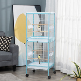PawHut 2 In 1 Large Bird Cage Budgie Cage with Stand Wheels Aviary for Finch Canaries Cockatiels Slide-out Trays Light Blue
