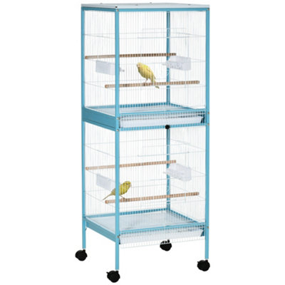 PawHut 2 In 1 Large Bird Cage Budgie Cage with Stand Wheels Aviary for Finch Canaries Cockatiels Slide-out Trays Light Blue