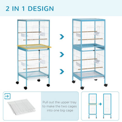 PawHut 2 In 1 Large Bird Cage Budgie Cage with Stand Wheels Aviary for Finch Canaries Cockatiels Slide-out Trays Light Blue - 6