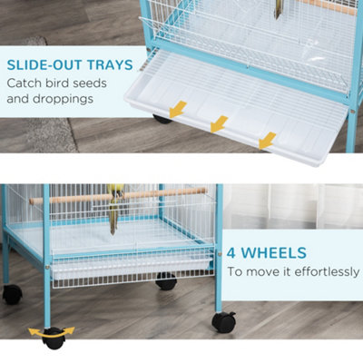 PawHut 2 In 1 Large Bird Cage Budgie Cage with Stand Wheels Aviary for Finch Canaries Cockatiels Slide-out Trays Light Blue - 4