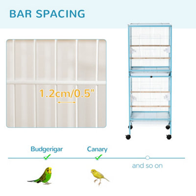 PawHut 2 In 1 Large Bird Cage Budgie Cage with Stand Wheels Aviary for Finch Canaries Cockatiels Slide-out Trays Light Blue - 5