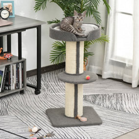 PawHut 2-Tier Cat Kitten Resting Tree w/ Top Basket Cushion Sisal Post Grey