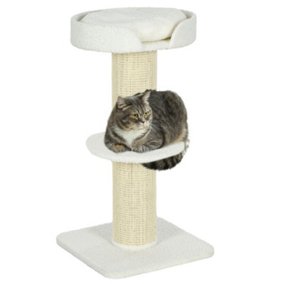 PawHut 2 Tier Cat Resting Tree w/ Top Basket Cushion Sisal Post Cream White