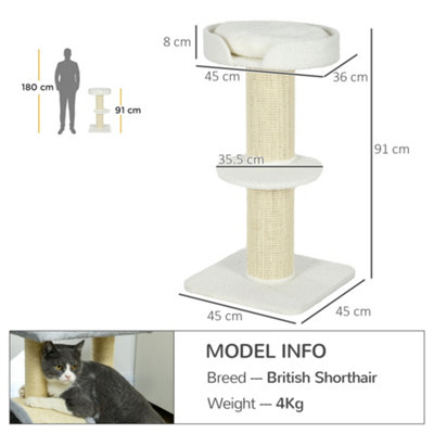 PawHut 2 Tier Cat Resting Tree w/ Top Basket Cushion Sisal Post Cream White - 3