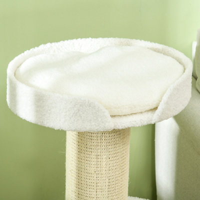 PawHut 2 Tier Cat Resting Tree w/ Top Basket Cushion Sisal Post Cream White - 9