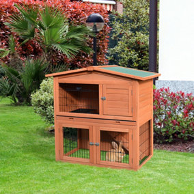 PawHut 2-Tier Rabbit Hutch Outdoor, Large Guinea Pig Hutch, Bunny Cage with Ramp, Rabbit Run, Slide Out Tray for Indoor