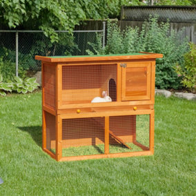 PawHut 2-Tier Rabbit Hutch Wooden Guinea Pig Hutch Double Decker Pet Cage Run with Sliding Tray Opening Top