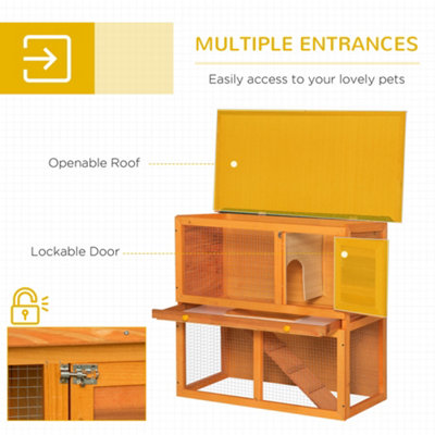 PawHut 2-Tier Rabbit Hutch Wooden Guinea Pig Hutch Double Decker Pet Cage Run with Sliding Tray Opening Top - 7