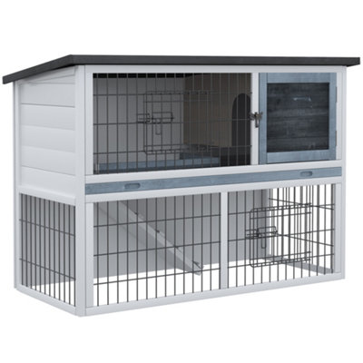 PawHut 2-Tier Wooden Rabbit Hutch Guinea Pig House Bunny Cage Backyard w/ Ramp Outdoor Run Built-in Tray Openable Roof
