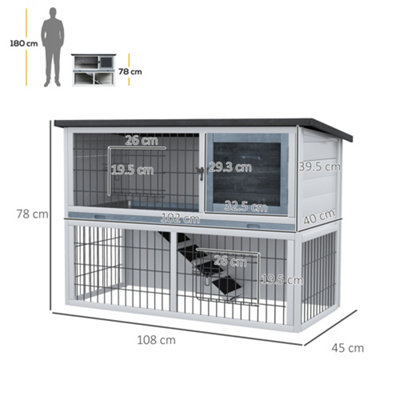 PawHut 2-Tier Wooden Rabbit Hutch Guinea Pig House Bunny Cage Backyard w/ Ramp Outdoor Run Built-in Tray Openable Roof - 3