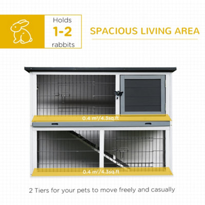 PawHut 2-Tier Wooden Rabbit Hutch Guinea Pig House Bunny Cage Backyard w/ Ramp Outdoor Run Built-in Tray Openable Roof - 6
