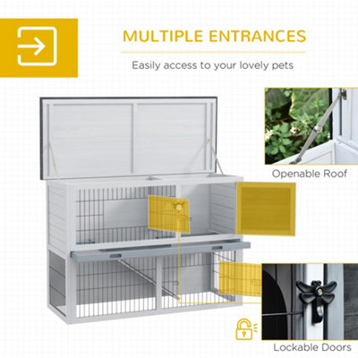PawHut 2-Tier Wooden Rabbit Hutch Guinea Pig House Bunny Cage Backyard w/ Ramp Outdoor Run Built-in Tray Openable Roof - 7