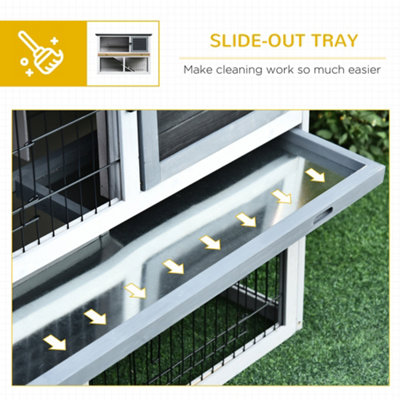 PawHut 2-Tier Wooden Rabbit Hutch Guinea Pig House Bunny Cage Backyard w/ Ramp Outdoor Run Built-in Tray Openable Roof - 4