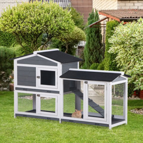 PawHut 2-Tier Wooden Rabbit Hutch Guinea Pig House Pet Cage Outdoor w/ Tray Ramp