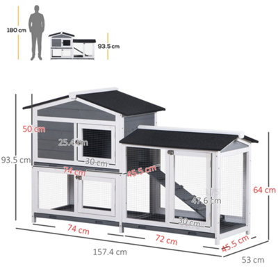 PawHut 2-Tier Wooden Rabbit Hutch Guinea Pig House Pet Cage Outdoor w/ Tray Ramp - 3