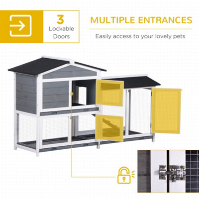 PawHut 2-Tier Wooden Rabbit Hutch Guinea Pig House Pet Cage Outdoor w/ Tray Ramp - 4
