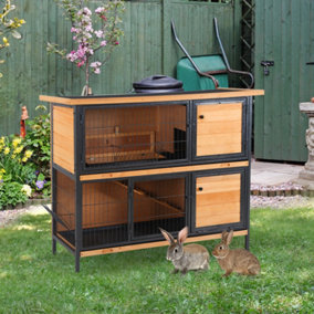 PawHut 2 Tier Wooden Rabbit Hutch Guinea Pig Hutch Bunny Cage Metal Frame Elevated Pet House with Slide-Out Tray Feeding