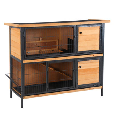 PawHut 2 Tier Wooden Rabbit Hutch Guinea Pig Hutch Bunny Cage Metal Frame Elevated Pet House with Slide-Out Tray Feeding