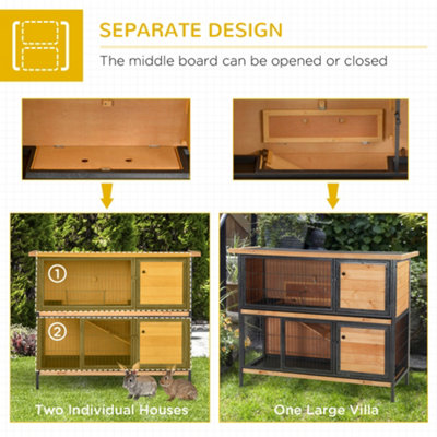 PawHut 2 Tier Wooden Rabbit Hutch Guinea Pig Hutch Bunny Cage Metal Frame Elevated Pet House with Slide-Out Tray Feeding - 7