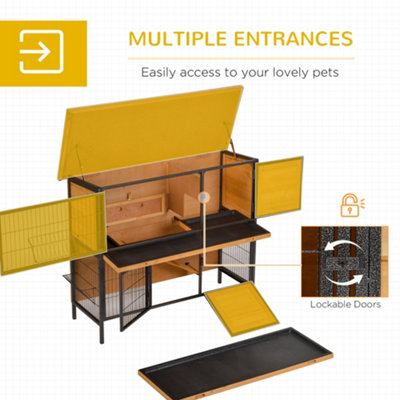 PawHut 2 Tier Wooden Rabbit Hutch Guinea Pig Hutch Bunny Cage Metal Frame Elevated Pet House with Slide-Out Tray Feeding - 5
