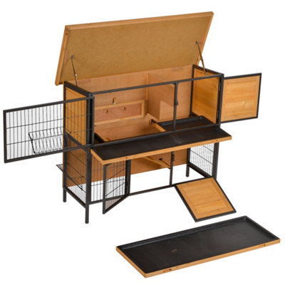 PawHut 2 Tier Wooden Rabbit Hutch Guinea Pig Hutch Bunny Cage Metal Frame Elevated Pet House with Slide-Out Tray Feeding - 9