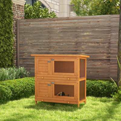PawHut 2-Tier Wooden Rabbit Hutch Guinea Pig Hutch Duck House Double Decker Pet Cage with Sliding Tray Opening Top