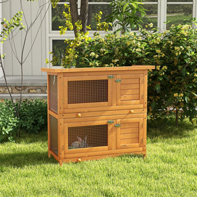 PawHut 2-Tier Wooden Rabbit Hutch Guinea Pig Hutch Duck House Double Decker Pet Cage with Sliding Tray Opening Top