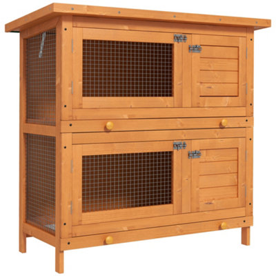 PawHut 2-Tier Wooden Rabbit Hutch Guinea Pig Hutch Duck House Double Decker Pet Cage with Sliding Tray Opening Top