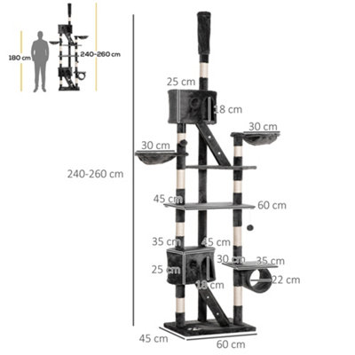 PawHut 240-260cm Floor to Ceiling Cat Tree with Scratching Posts - Dark Grey - 3