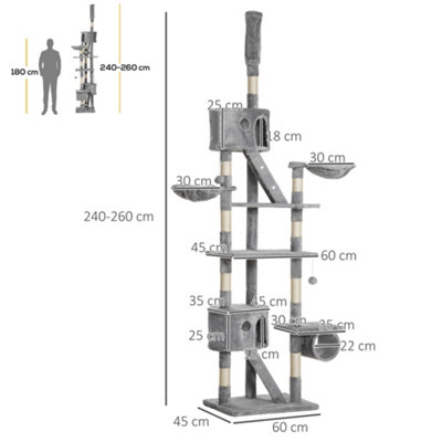 PawHut 240-260cm Floor to Ceiling Cat Tree with Scratching Posts - Light Grey - 3