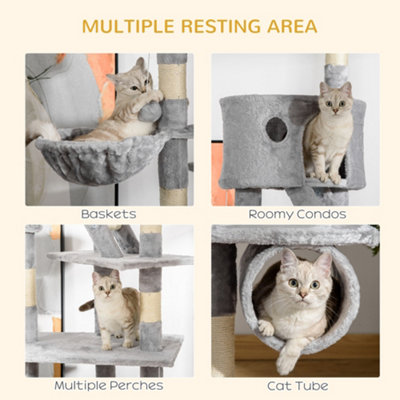 PawHut 240-260cm Floor to Ceiling Cat Tree with Scratching Posts - Light Grey - 7