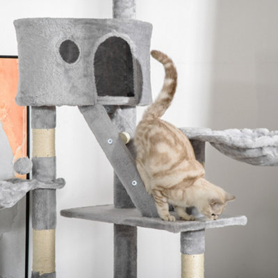 PawHut 240-260cm Floor to Ceiling Cat Tree with Scratching Posts - Light Grey - 9