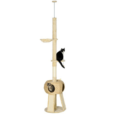 PawHut 255cm Cat Tree Tower with Scratching Post, Cat House, Ball, Platform, Beige