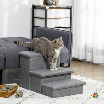 PawHut 3 Step Dog Steps with Storage Boxes, Cat Stairs for Bed, Pet Ladder for Couch, Sofa - Light Grey