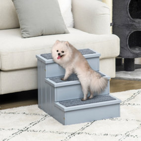 PawHut 3 Step Wooden Dog Steps Pet Stairs for Dogs, Cat Ladder for Bed Couch with Storage Grey