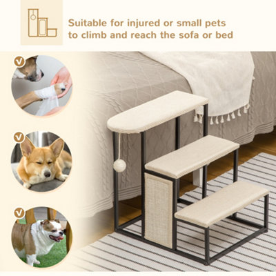 PawHut 3 Steps Dog Stairs, Pet Steps for Cat for Sofa and Bed with Sisal Scratching Board, Hanging Toy Ball, 47 x 45 x 47cm