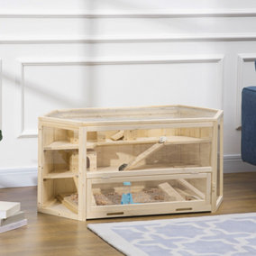 PawHut 3 Tier Wooden Hamster Cage Gerbil Play Centre w/ Sliding Tray Ramps