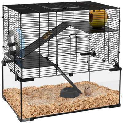 PawHut 3 Tiers Hamster Cage w/ Deep Glass Bottom, Dish, Hut, 60 x 40 x 57cm