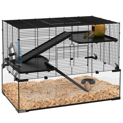 PawHut 3 Tiers Hamster Cage w Deep Glass Bottom Dish Hut 78.5 x 48.5 x 57cm