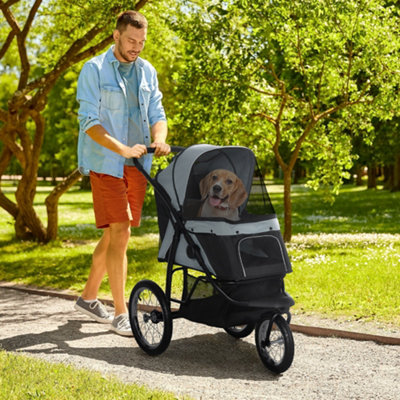 PawHut 3 Wheel Pet Stroller, for Medium Small Dogs, Foldable Cat Pram - Grey Price Comparisons | Compare The Build