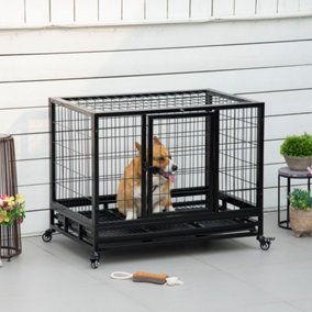 PawHut 38" Heavy Duty Metal Dog Crate Pet Cage with Tray Wheeled Dog Kennel - Black (Medium)