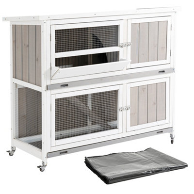 PawHut 4 FT Rabbit Hutch 2-Tier Wooden Bunny Cages Guinea Pig Hide House with Tray, Ramp and Wheel, Cover - Grey