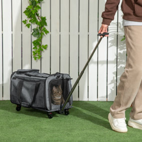 PawHut 4 in 1 Pet Carrier On Wheels for Cats XS Dogs W/ Telescopic Handle, Grey