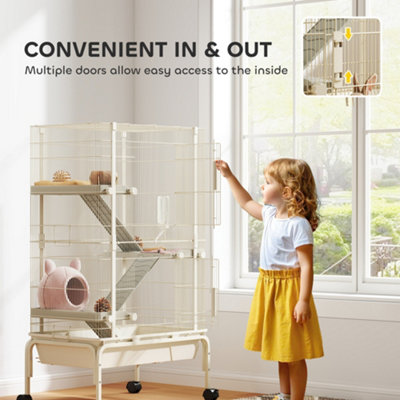 PawHut 4-Level Rolling Small Animal Cage, Rabbit Cage with 15cm Deep Bottom