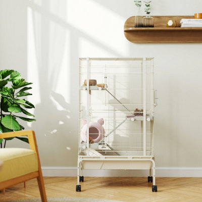 PawHut 4-Level Rolling Small Animal Cage, Rabbit Cage with 15cm Deep Bottom